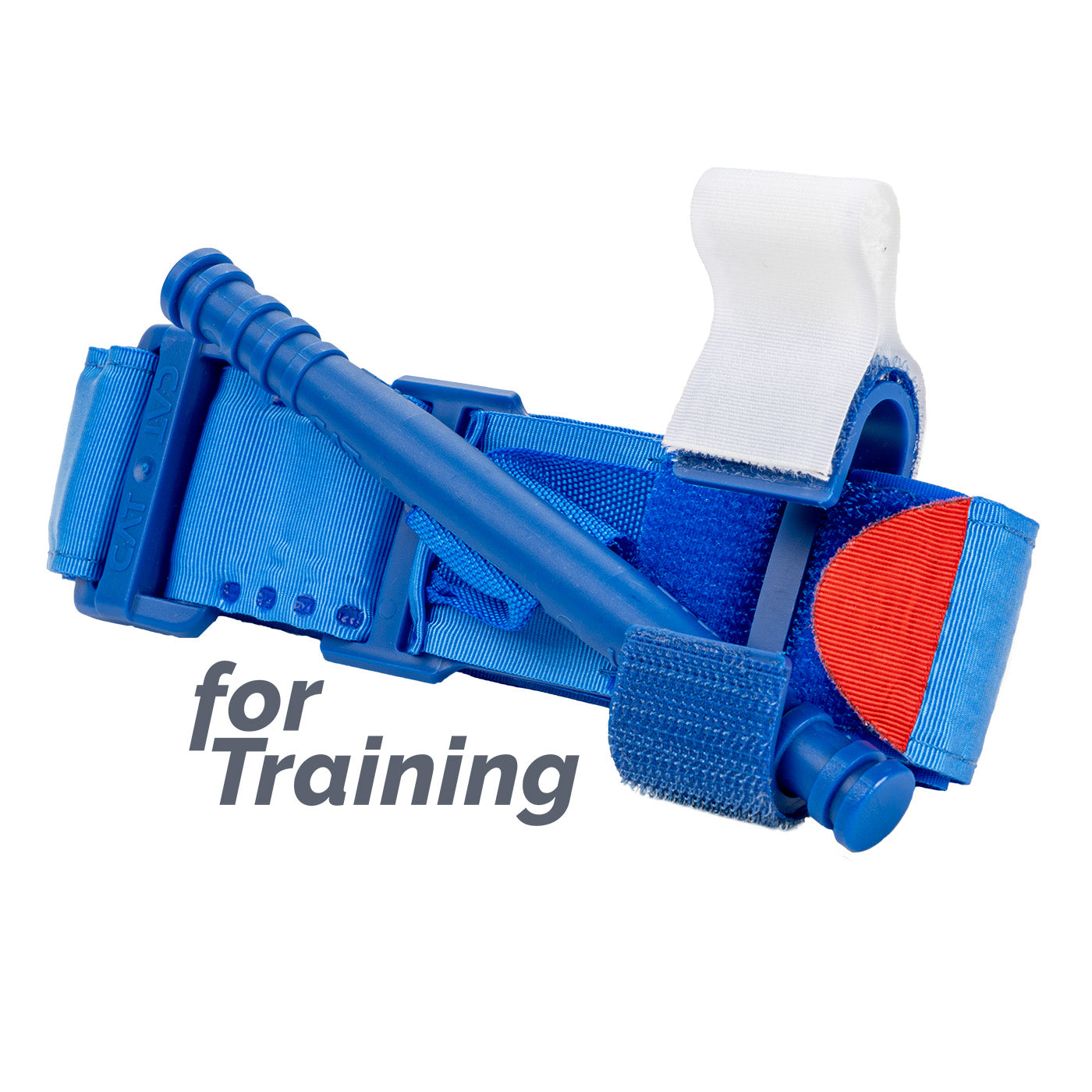 Blue C-A-T training tourniquet for bleeding control practice, labeled for training, with windlass and red tip strap on white background