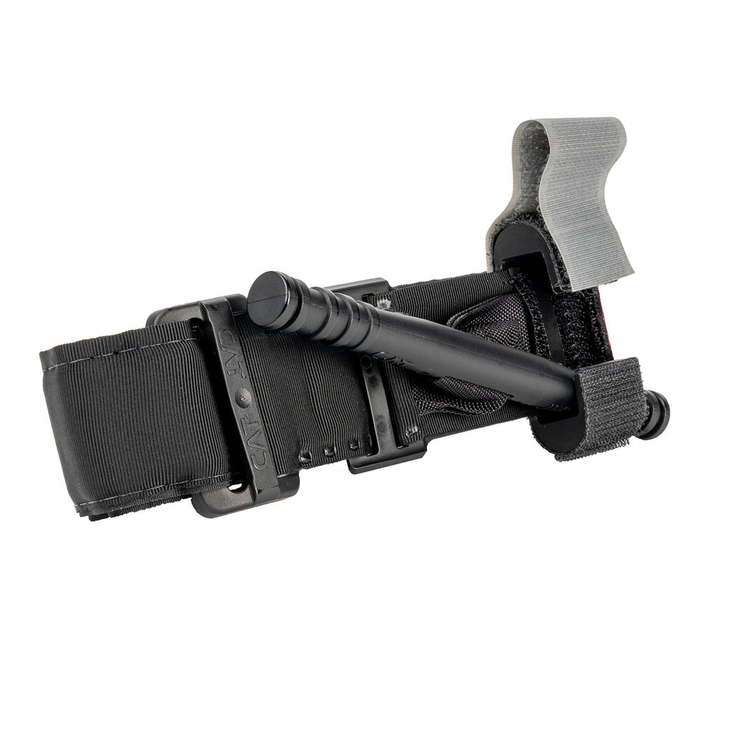Angled view of C-A-T Gen 7 Combat Application Tourniquet showing windlass rod, buckle, and strap for bleeding control on white background