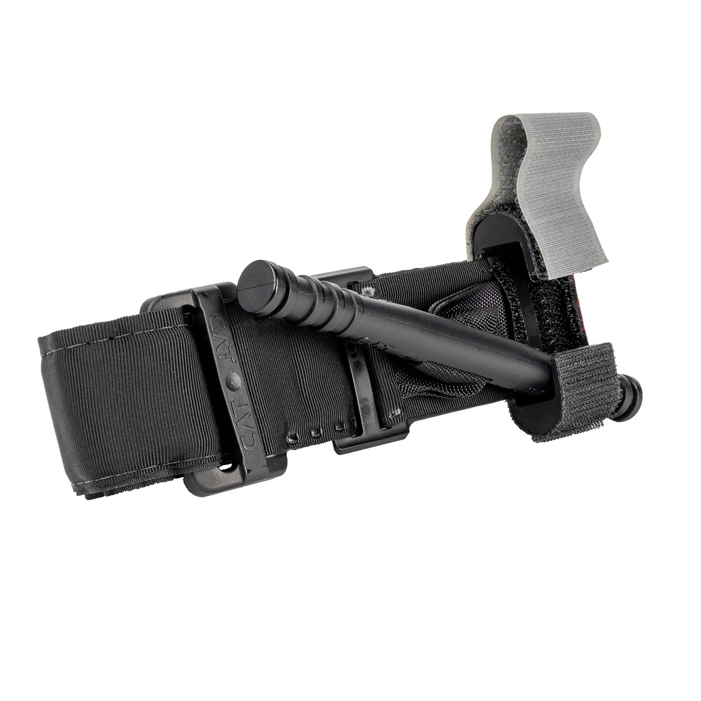 Angled view of C-A-T Gen 7 Combat Application Tourniquet showing windlass rod, buckle, and strap for bleeding control on white background
