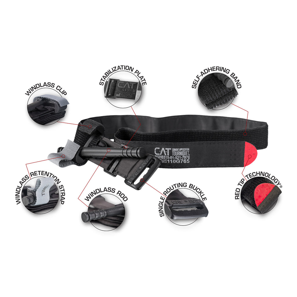 Combat Application Tourniquet (C-A-T) Gen 7 anatomy diagram showing labeled parts including windlass rod, single routing buckle, stabilization plate, and Red Tip Technology