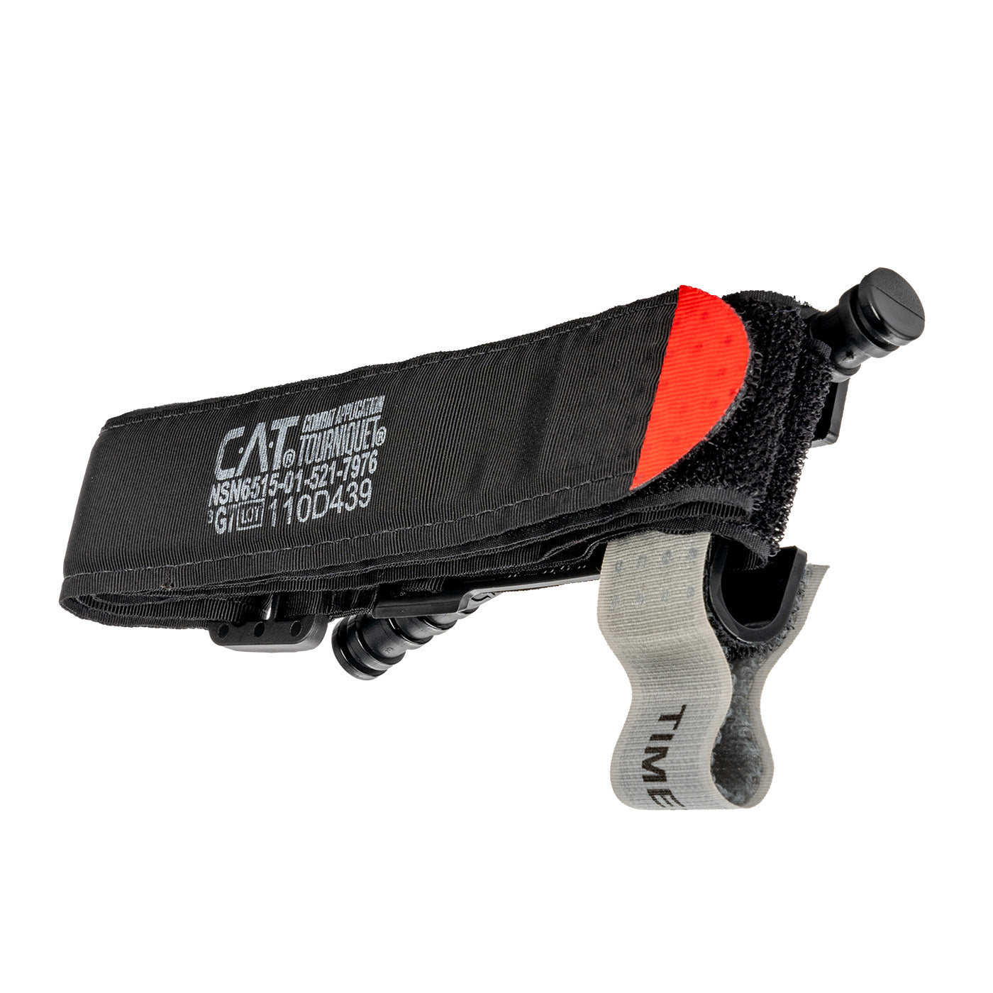 Close-up of C-A-T Gen 7 Combat Application Tourniquet showing Red Tip Technology, TIME strap, and windlass hardware on white background