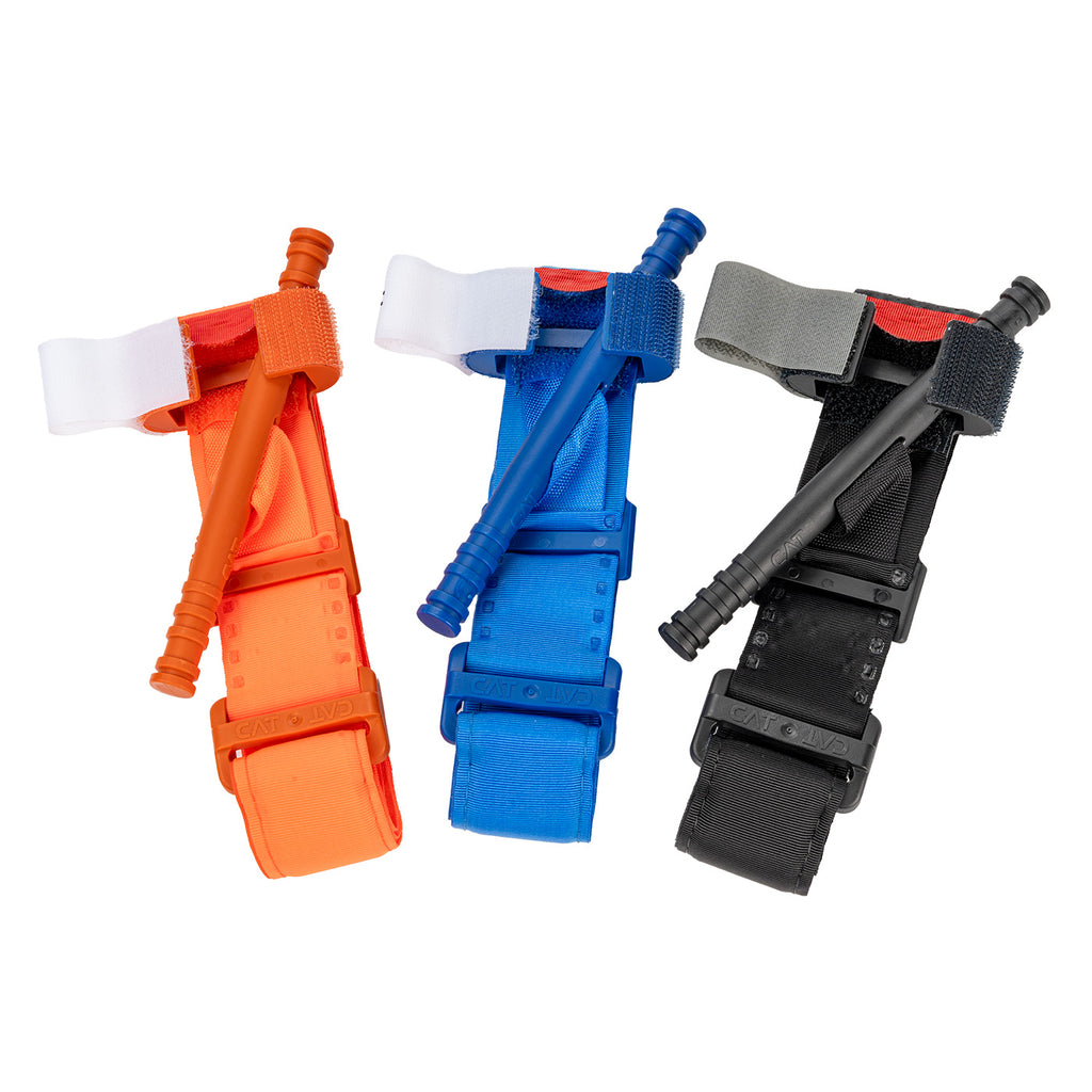 Group image of three C-A-T Combat Application Tourniquets in orange, blue training, and black colors on a white background
