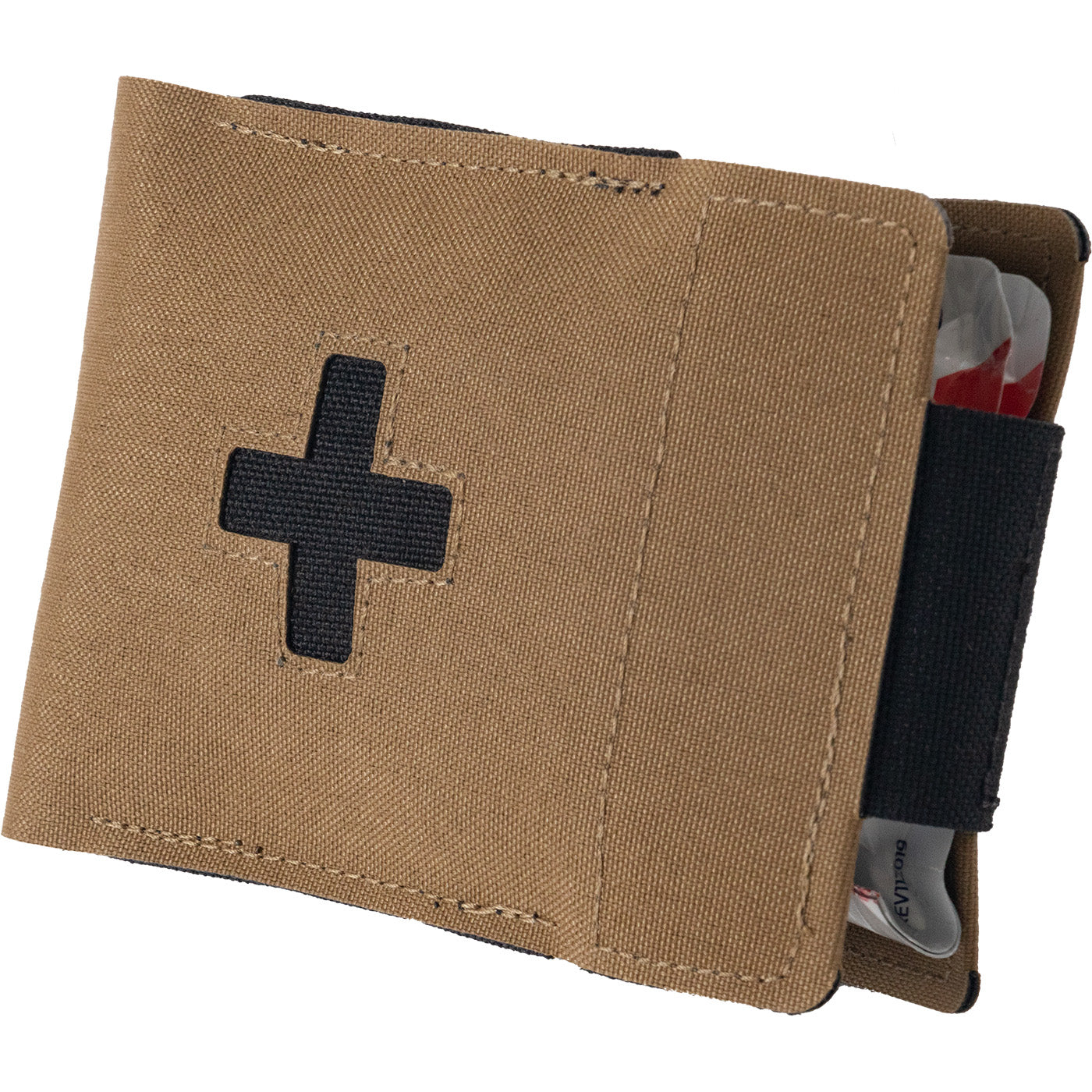 Coyote tan EDC medical wallet kit closed with black medical cross and hook and loop closure, designed for concealed trauma gear carry