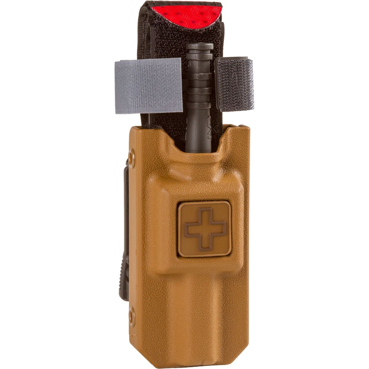 Coyote tan rigid tourniquet case holding a C-A-T Combat Application Tourniquet with medical cross identifier patch on front