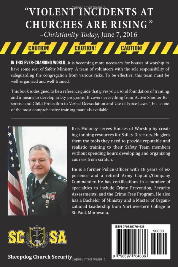 Back cover of Defending the Flock Second Edition church security guide for church safety directors, featuring book summary, author bio, SCSA logo, and barcode