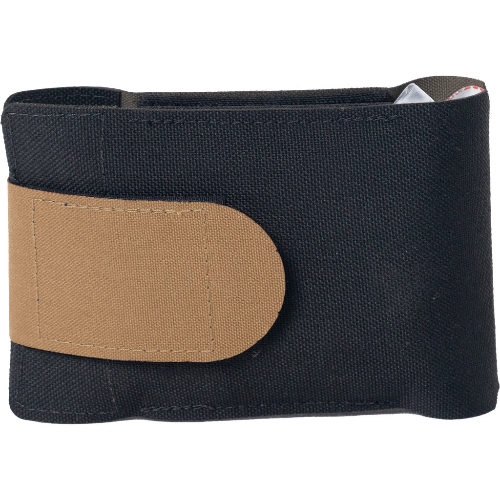 Closed North American Rescue EDC medical wallet kit with tan hook and loop closure, designed for concealed trauma gear carry