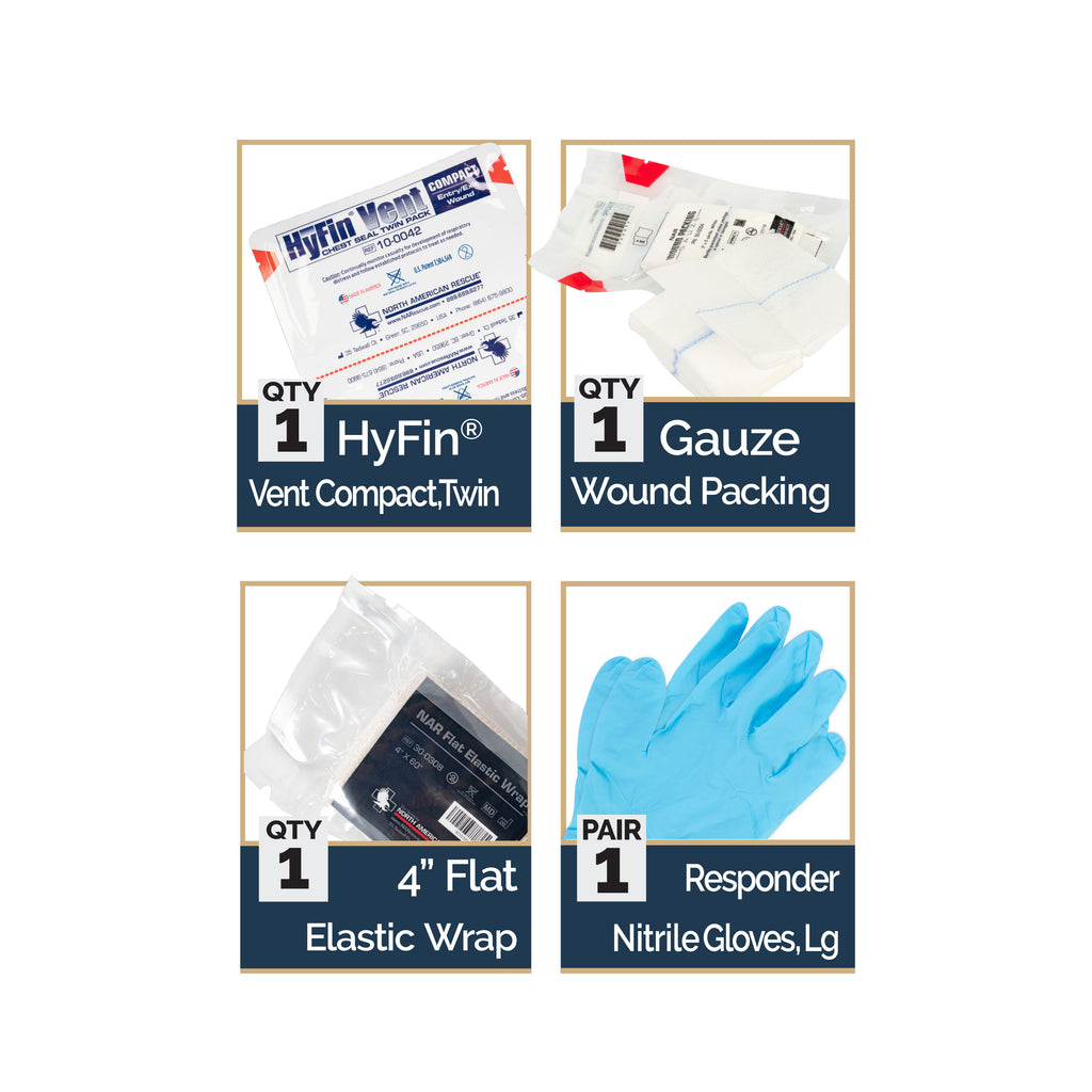 EDC wallet trauma kit contents showing HyFin Vent compact chest seals, wound packing gauze, 4-inch flat elastic wrap, and responder nitrile gloves