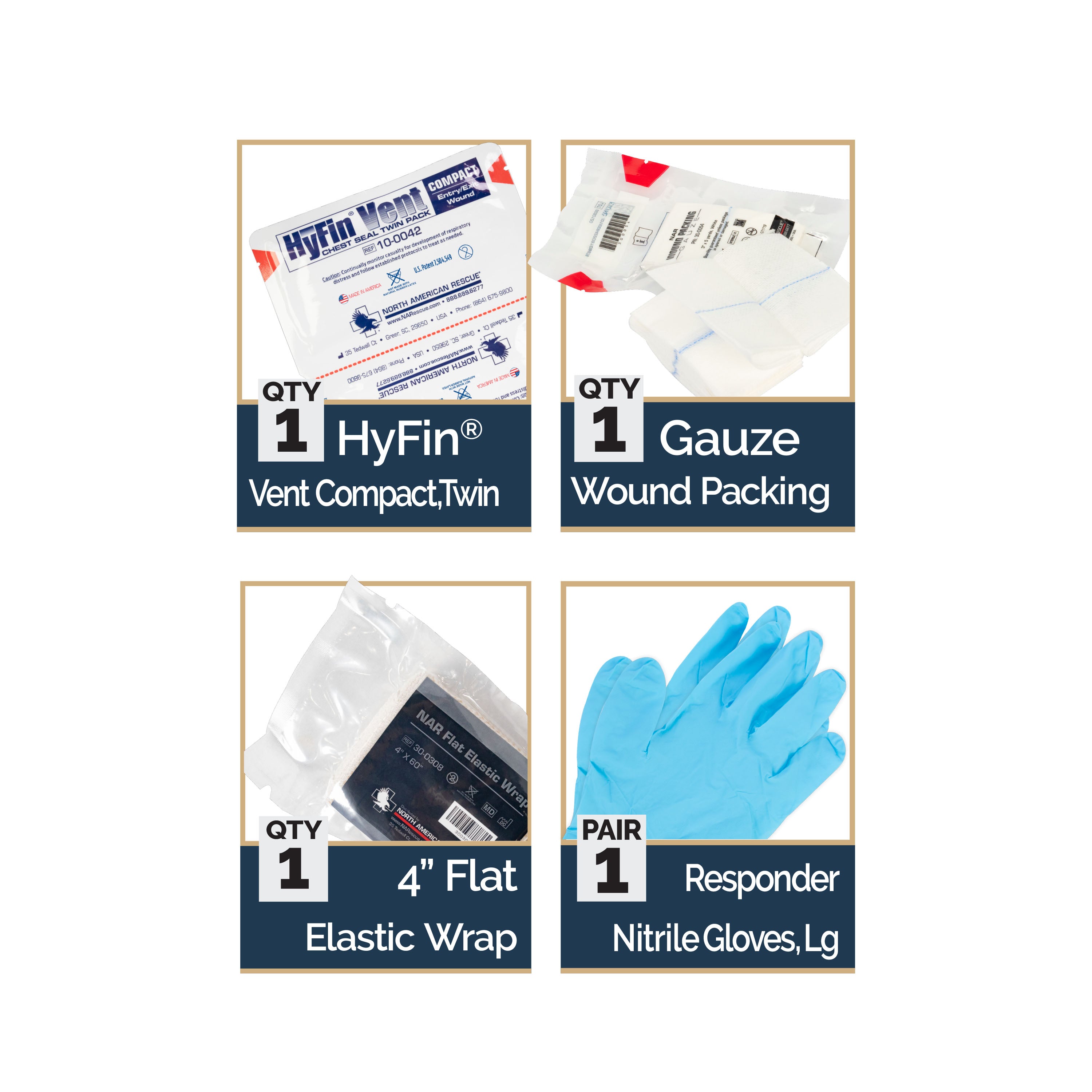 EDC wallet trauma kit contents showing HyFin Vent compact chest seals, wound packing gauze, 4-inch flat elastic wrap, and responder nitrile gloves