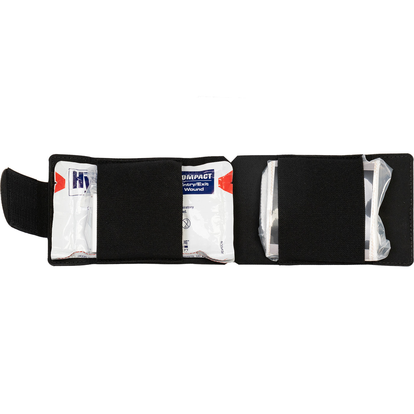 Open EDC wallet trauma kit showing slim medical carry wallet with HyFin Vent compact chest seal and wound packing gauze inside elastic pockets