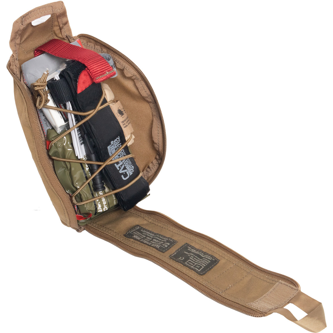 Open coyote tan Eagle IFAK pouch showing compact tactical trauma kit with C-A-T tourniquet, gauze, chest seals, and quick pull tab access