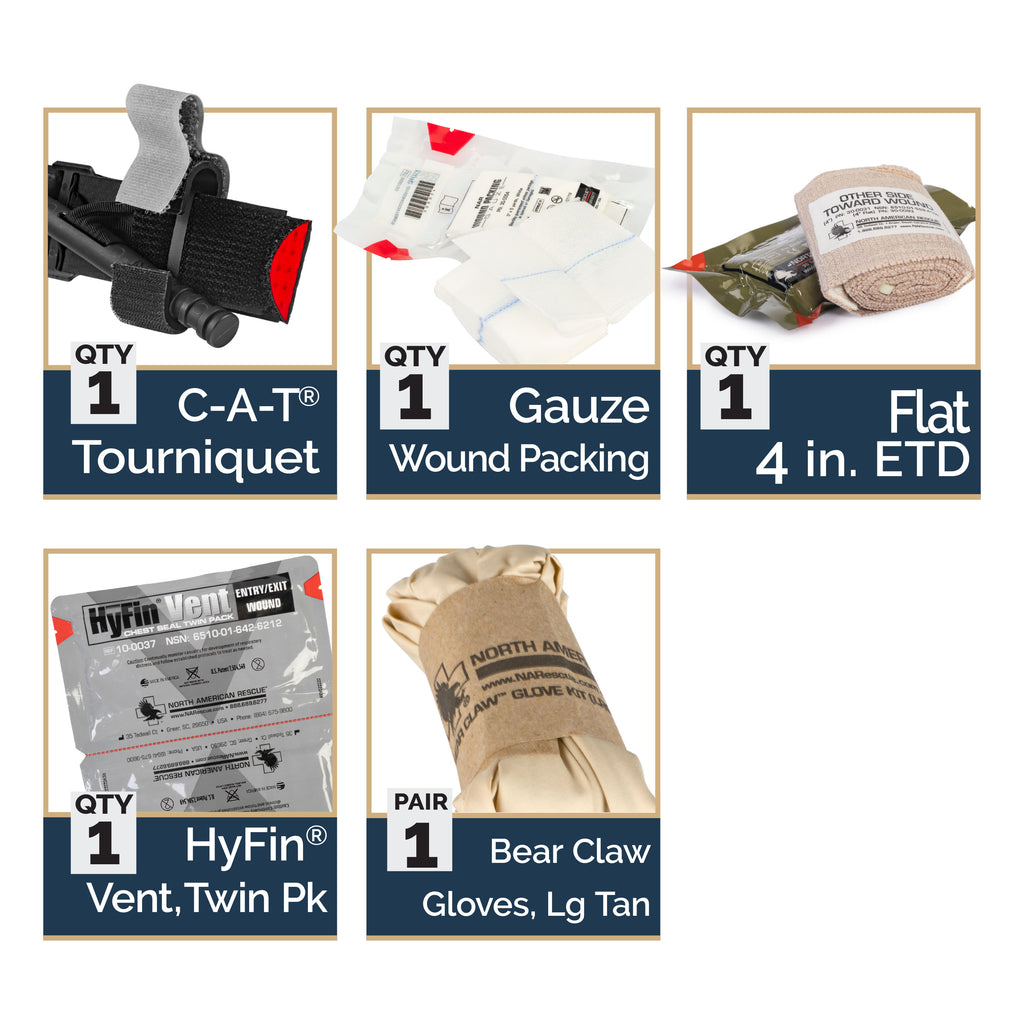 Eagle IFAK kit contents graphic showing C-A-T tourniquet, wound packing gauze, 4 inch flat ETD dressing, HyFin Vent chest seal twin pack, and Bear Claw nitrile gloves
