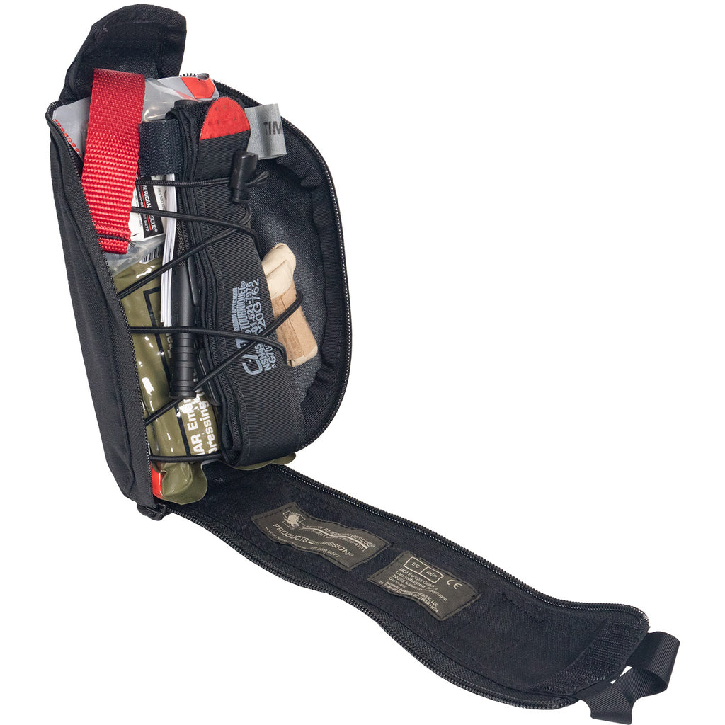 Open Eagle IFAK individual first aid kit showing C-A-T tourniquet, pressure dressing, wound packing gauze, and trauma supplies in a compact tactical pouch