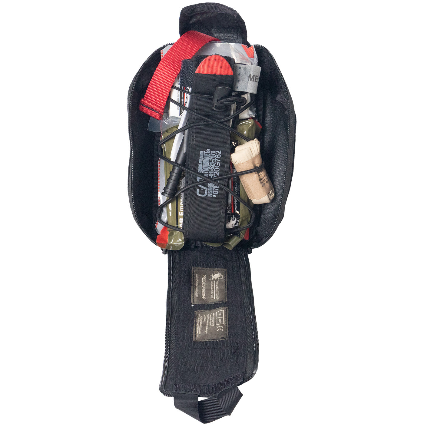 Open Eagle IFAK pouch showing compact tactical trauma kit with C-A-T tourniquet, pressure dressing, gauze, and emergency medical supplies inside