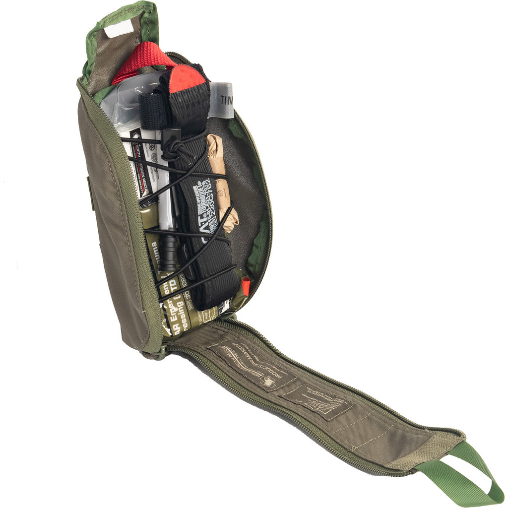 Open ranger green Eagle IFAK pouch showing compact tactical trauma kit with C-A-T tourniquet, wound packing gauze, chest seals, and quick pull tab access