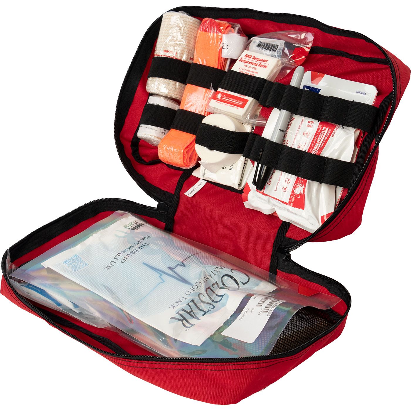 Open North American Rescue Trauma and First Aid Kit Class A with Bleeding Control Dressing in red zippered bag, showing organized tourniquet, gauze, bandages, trauma supplies, and ColdStar instant cold pack inside.