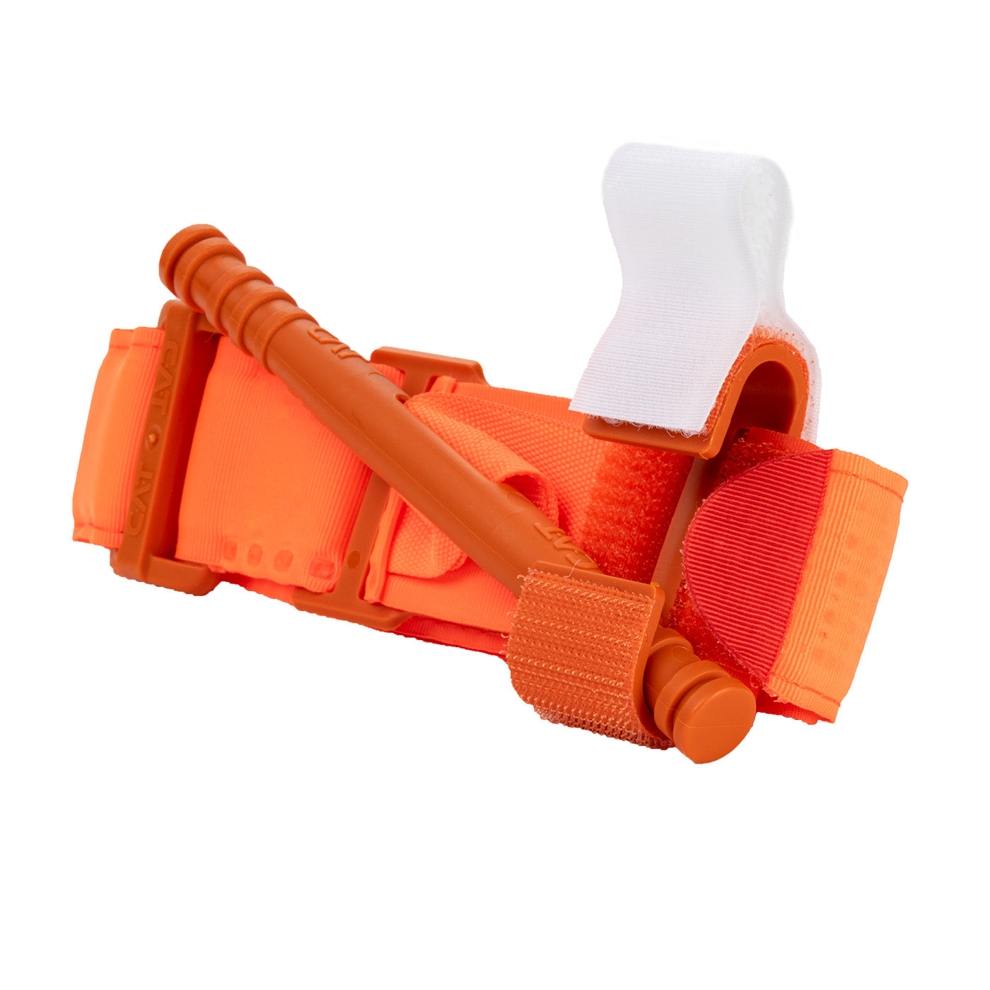 Orange C-A-T Combat Application Tourniquet high visibility bleeding control tourniquet with windlass and red tip strap on white background