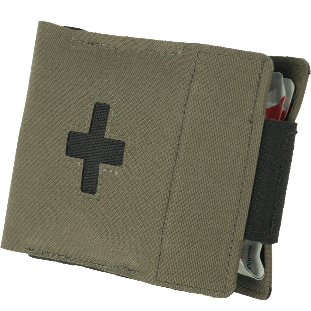 Ranger green EDC medical wallet kit closed with black medical cross and hook and loop closure for concealed trauma gear carry