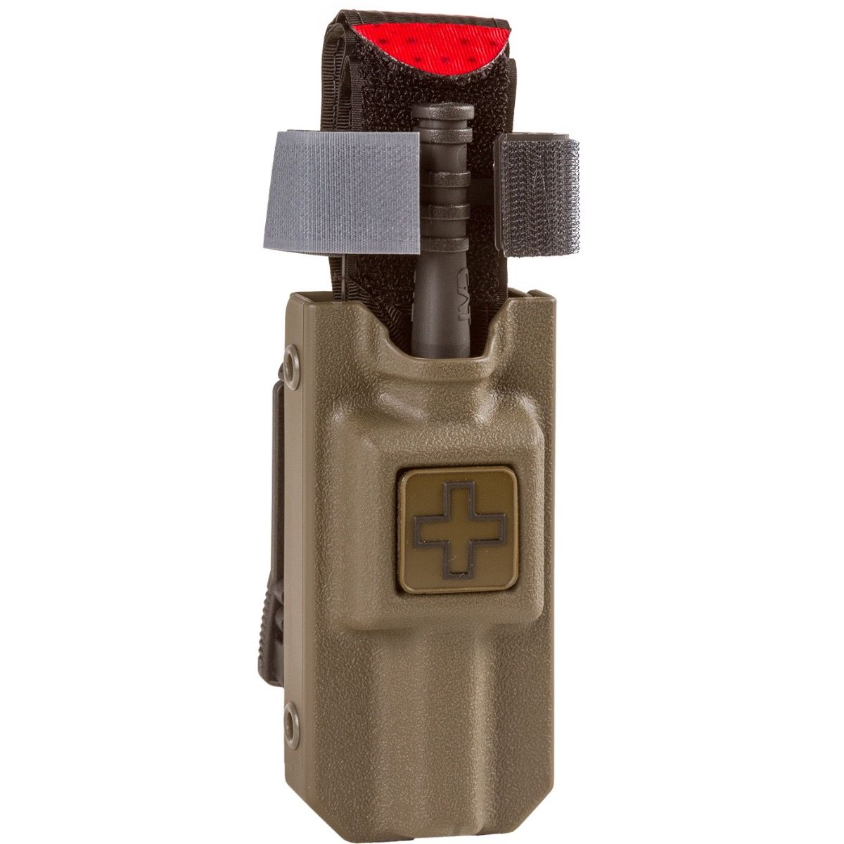 Ranger green rigid tourniquet case holding a C-A-T Combat Application Tourniquet with medical cross identifier patch on front